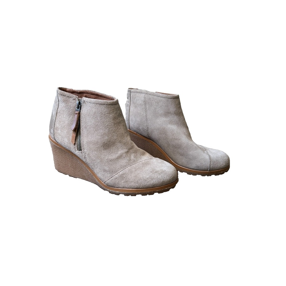 TOMS‎ Avery Taupe Gray Suede Wedge Booties Womens 9 Side Zip Ankle Boots Casual